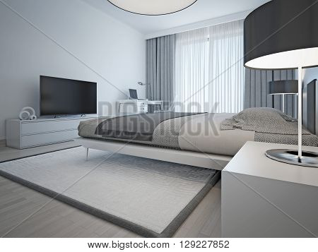 Contemporary monochrome hotel room. The laid elegant bed and furniture light gray color and elegant chrome lamps with black shades. 3D render