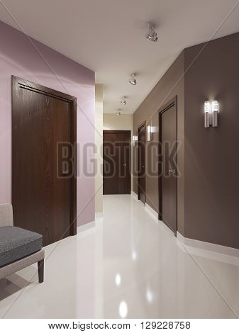 Idea of contemporary corridor. Dark brown doors and multicolored walls. Bright interior of elegant corridor with sconces and ceiling lamps. 3D render