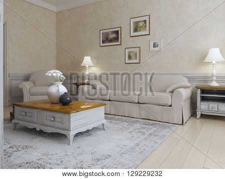 Living room mediterranean style in light cream and ecru colors. Bright interior daylight. Lamps in interior. 3D render
