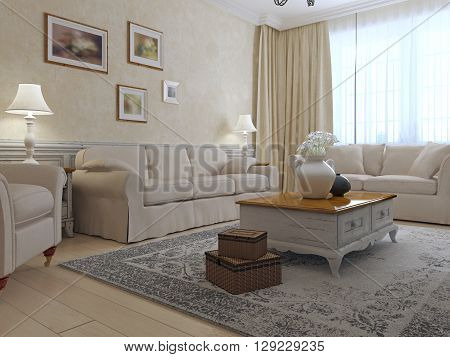 Provence lounge interior. Two sofas and armchair around exclusive low table with light glossy countertop in room with plaster wall. 3D render