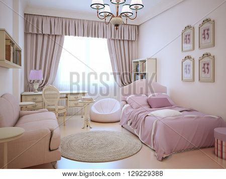 Urban apartment - cute pink girl's room. Large bed with pillows and blanket dressing table frameless armchair. 3D render
