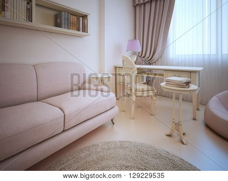 Elegant living shabby-chic style. Sofa and dressing table in room with cream walls ecru color linoleum flooring. Antique furniture. 3D render