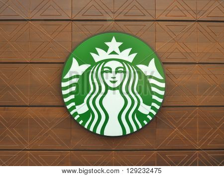 BANGKOK, THAILAND - APRIL 23, 2016: Logo of Starbucks coffee shop at 