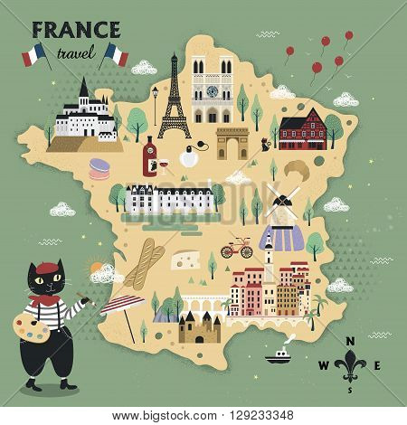 adorable France travel map design with cats and famous attractions