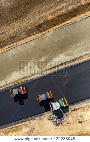Road Rollers Working On The Construction Site Aerial View