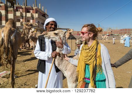 DARAW, EGYPT - FEBRUARY 6, 2016: Tourist and local camel salesmen at camel market.