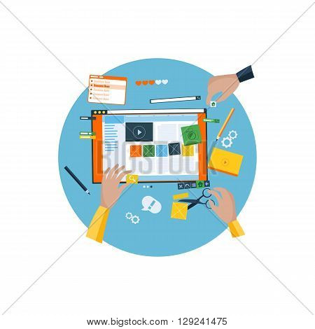 Round icon design website a constructor. Human hands collect site structure of ready elements of the template objects. Sign symbol in a flat style isolated on white background. Vector illustration