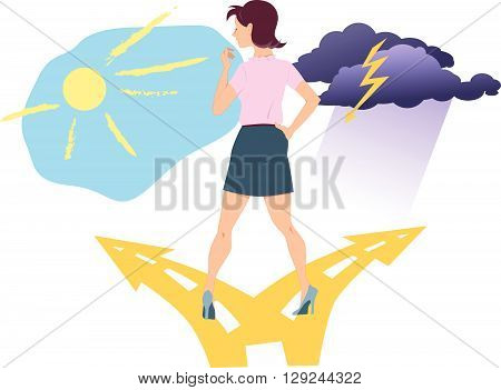 Woman standing at the fork in the road between happiness and depression. Bipolar disorder.