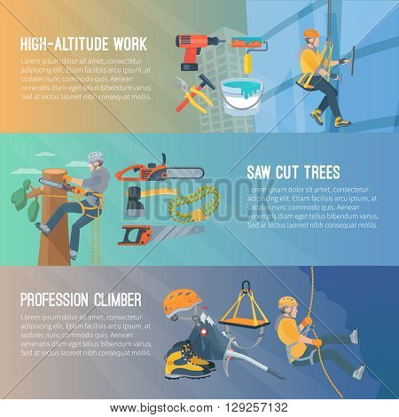 Horizontal flat color banners about high-altitude work saw cut trees profession climber vector illustration