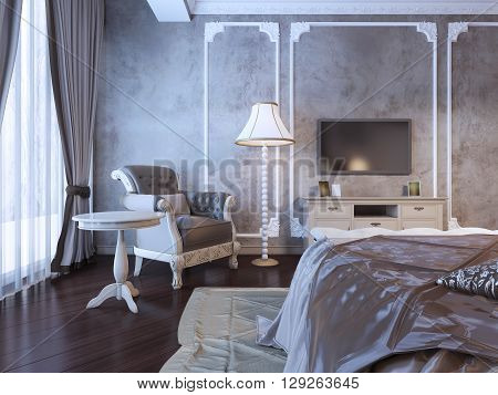 Hotel bedroom interior in art deco style. 3D render