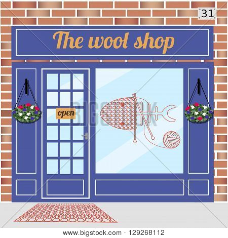Wool shop building. Facade of red brick. Knitting sign sticker on window. Vector illustration EPS10