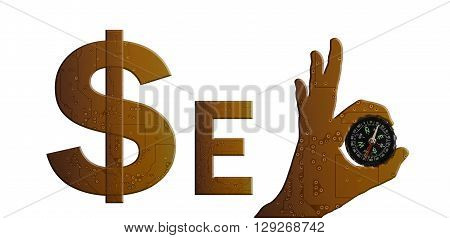 Golden Colour In Technolgy Style Alphabet Text Seo With Hand Pattern And Compass, Symbol, Sign