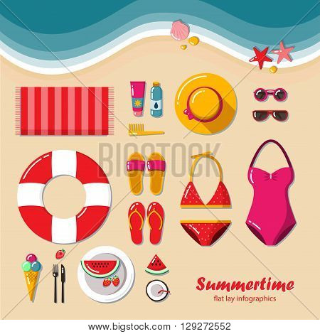 Summertime flat lay infographic. Summer vacation on the beach, travel in style glamor. It can be used in advertising, web design, graphic design for the layout.