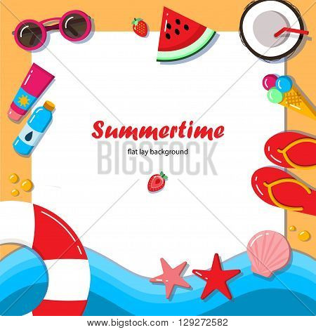 Summertime flat lay background. Summer vacation on the beach. It can be used in advertising, web design, graphic design for the layout.