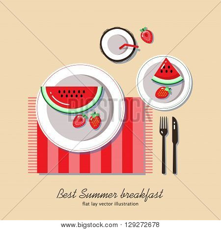 Summer breakfast, flat lay vector illustration. Still life, slices of watermelon, strawberry on white plates, cocktail in coconut, cutlery. It can be used in advertising, web design, cover menu.