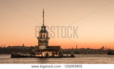Istanbul, Turkey, September 23, 2012: A view of the Maiden's Tower also known as Leander's Tower as seen from Uskudar in Istanbul. The Maiden's Tower is a tower lying on a small islet located at the southern entrance of the Bosphorus strait 200 m (220 yd)