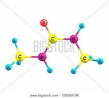 Dimethylurea is a urea derivative and used as an intermediate in organic synthesis. 3d illustration
