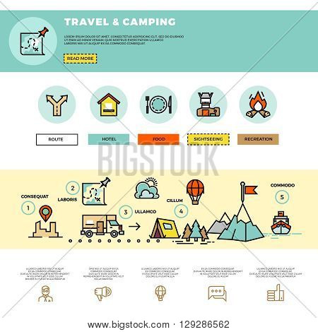 Camping, traveling, tourism vector infographic. Website design template. Tourism travel website, website travel and camping, infographic trabel web illustration