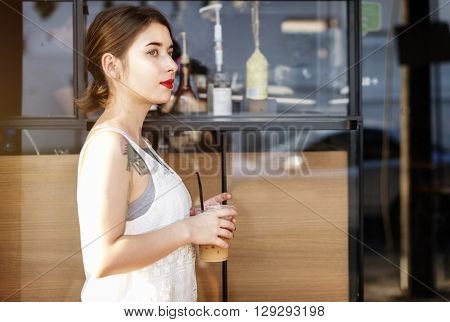 Woman Dringks Coffee Summer Sightseeing Concept