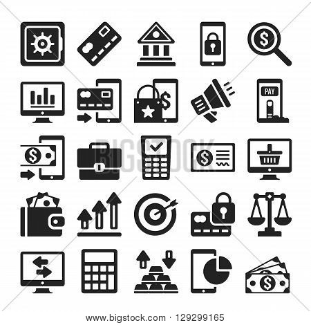Business and banking icons set. Marketing, money management, online payment, finance, commerce concepts. Black vector icons isolated on white background