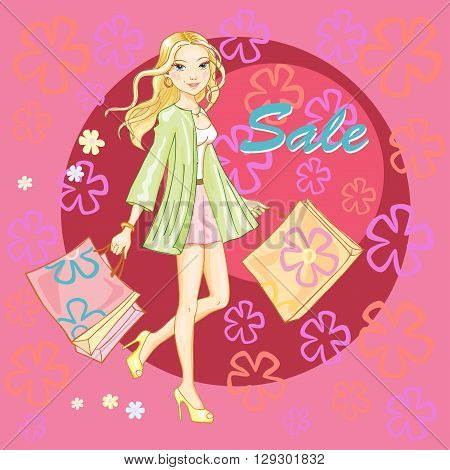 Shopping girl young sexy female figures with sale fashion bags isolated vector illustration