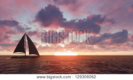 Sailing yacht in the sea at sunset