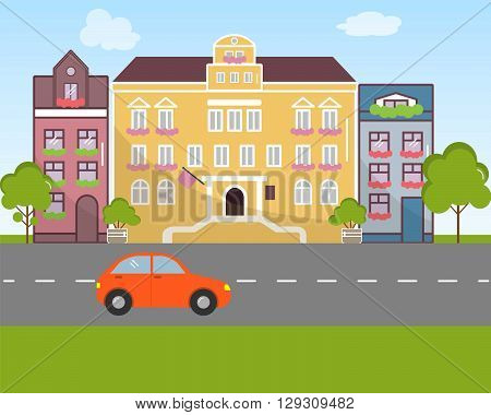 City landscape in flat design style. Vector illustration. On the picture buildings, the road, the car are presented