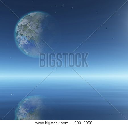 Terraformed Moon over water surface 3D Render