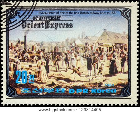 MOSCOW RUSSIA - MAY 10 2016: A stamp printed in North Korea shows Inauguration of the first British railway line in 1821 series 