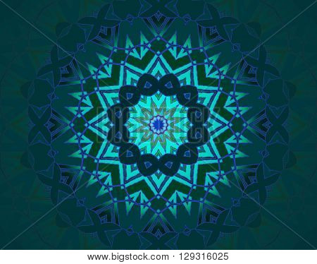 Abstract geometric seamless background, drawing. Concentric circle ornament in star shape with turquoise, blue, violet and purple elements on dark green, ornate and conspicuous, centered and blurred.