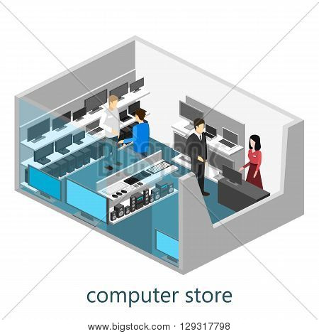 Isometric interior of Computer store. Flat design. 3d illustration.