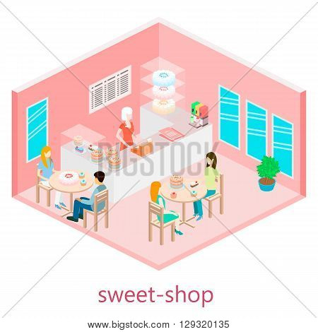 Isometric Interior Of Sweet-shop. People Sit At The Table And Eating.