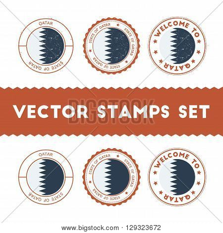 Qatari Flag Rubber Stamps Set. National Flags Grunge Stamps. Country Round Badges Collection.