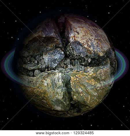 Abstract cracked celestial body with ring after the collision