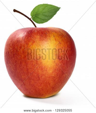 Organic apple with leaf, isolated on white background.