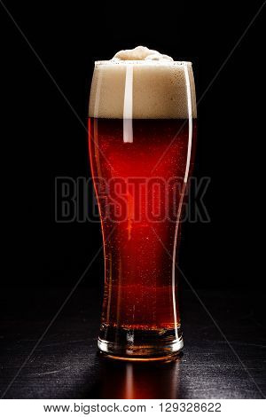 Beer Glass On Black. Bar Drink. Beer Bubbles Closeup. Draft Dark. Overflow Beer Glass. Beer Beverage