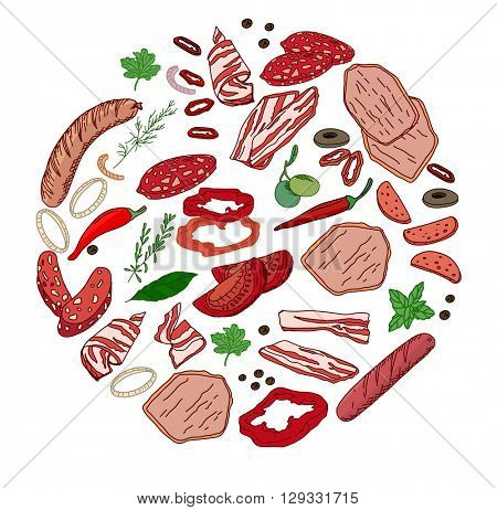 Round template with different meat, spice, potherbs. Circle for your design, announcements, restaurant and cafe menu. 