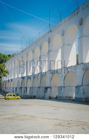 Rio De Janeiro, Brazil - March 06, 2016:  Landmark White Arches Of Arcos Da Lapa Under Bright Blue S