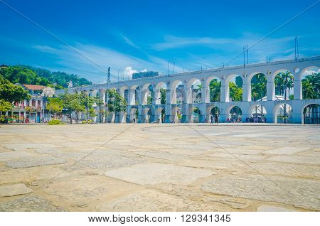 Rio De Janeiro, Brazil - March 06, 2016:  Landmark White Arches Of Arcos Da Lapa Under Bright Blue S