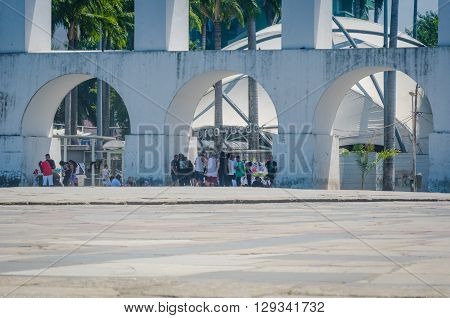 Landmark White Arches Of Arcos Da Lapa In Front Of Circo Voador In Centro Of Rio De Janeiro Brazil