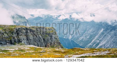 Panorama Of Norwegian Mountains and Lake Landscape. Nature of Norway. Travel and Hiking. Amazing Scenic View. Nobody. Scandinavia.