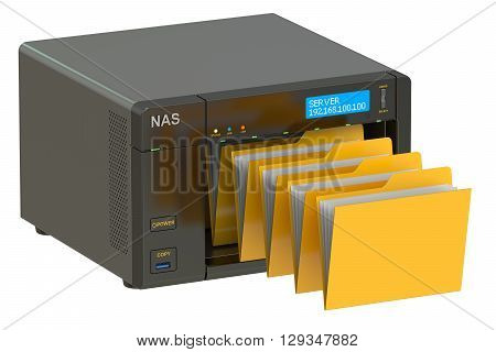 NAS concept of data storage. 3D rendering isolated on white background