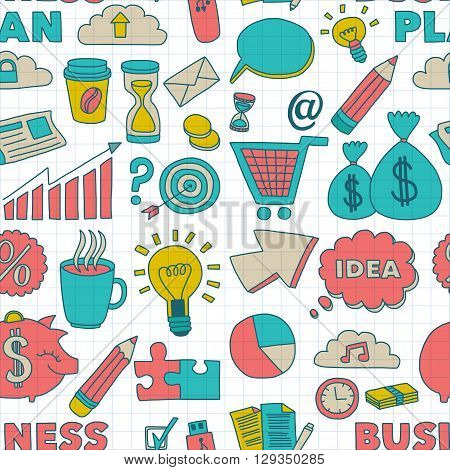 Doodle vector seamless pattern with business elements Hand drawn picture