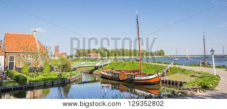 Panorama of a sailing ship at a dike in Enkhuizen Netherlands