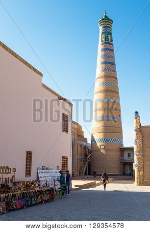 Khiva Uzbekistan - Aprilr 15 2014: The Islam Kodija minaret in the old city center