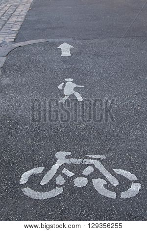 Shared path sign on asphalt road, white marking for bicycle riding lane and pedestrian path on street in Melbourne, Victoria, Australia