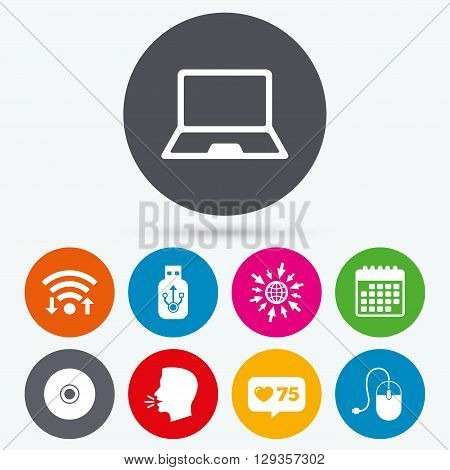 Wifi, like counter and calendar icons. Notebook pc and Usb flash drive stick icons. Computer mouse and CD or DVD sign symbols. Human talk, go to web.