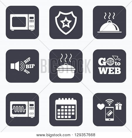 Mobile payments, wifi and calendar icons. Microwave grill oven icons. Cooking pan signs. Food platter serving symbol. Go to web symbol.