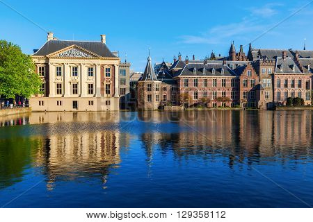 Mauritshuis and Binnenhof at the Hofvijver in The Hague Netherlands