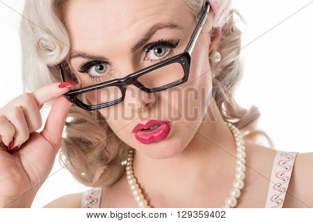 Cute Concerned Studious Girl Wearing Spectacles, Isolated On White